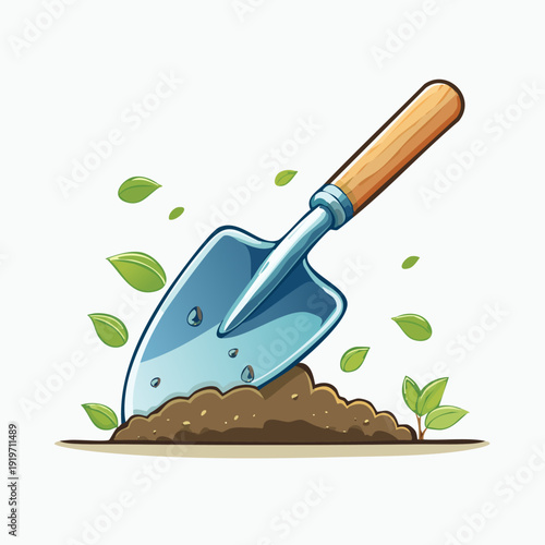 Garden Trowel Digging in Soil with Green Leaves.