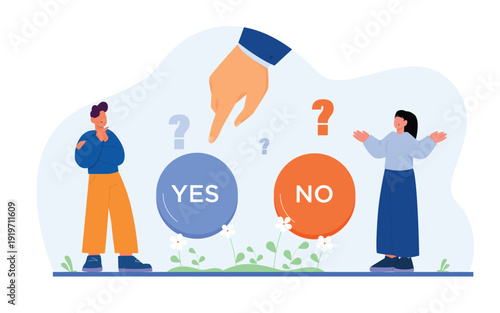 Thoughtful people making difficult choice between two options isolated flat illustration.