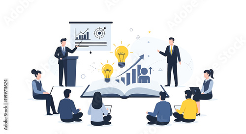 Business people discussing ideas around an open book with graphs and light bulbs, vector illustration.