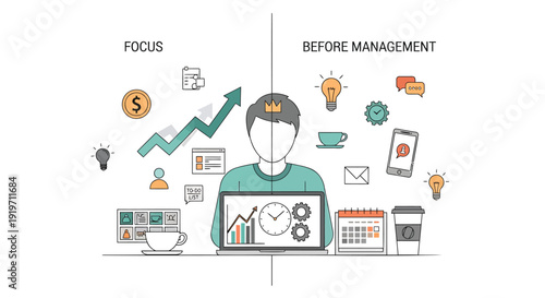 Productivity icons and business management symbols vector set. Includes focus, organization, time management, efficiency, and workflow concepts. Created in modern line style with colorful