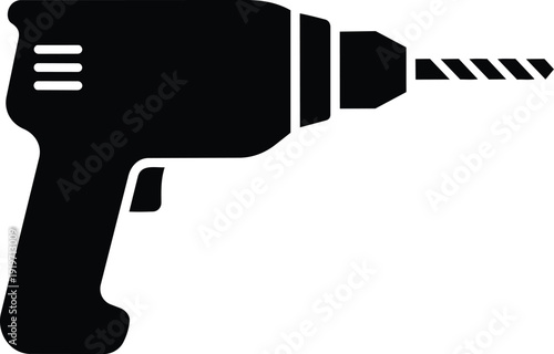 Black Silhouette Icon of a Handheld Electric Power Drill for Construction, Repair, and DIY Projects