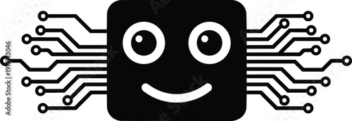 Happy AI Microchip Icon with Smiling Face and Electronic Circuitry Representing Smart Technology and Digital Innovation