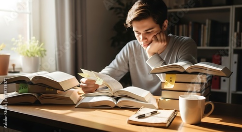 A young man intensely studies surrounded by stacks of books and notes at a desk near a sunny window.