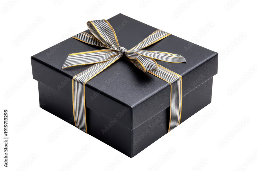 Fototapeta premium Black gift box with striped ribbon bow on black background present, Isolated On Transparent Background, Png Cut Out