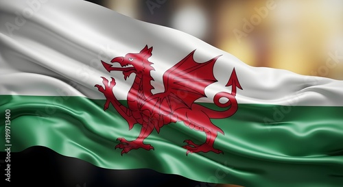 The flag of Wales waving in the wind with a red dragon emblem