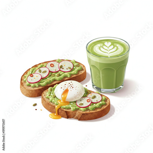 Modern Digital Illustration of Avocado Toast with Poached Egg, Radish Garnish, and an Iced Matcha Latte with Foam Art Isolated on White