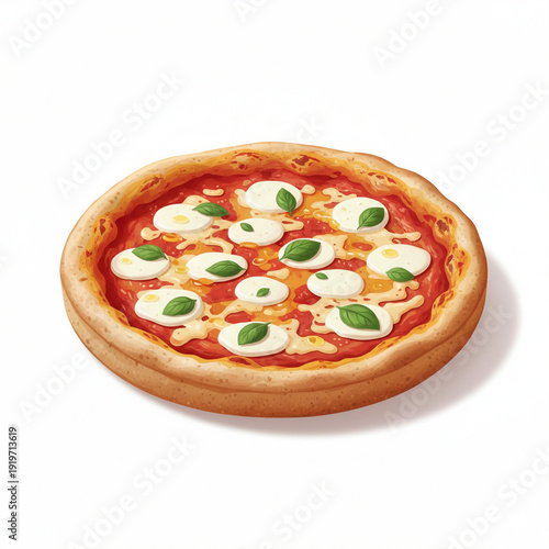 Stylized 3D Digital Illustration of a Fresh Margherita Pizza with Buffalo Mozzarella and Basil Leaves Isolated on a White Background