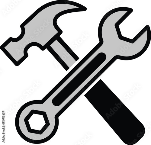 Crossed Hammer and Wrench Tool Icons, Repair and Maintenance Service Symbol, Construction Workshop