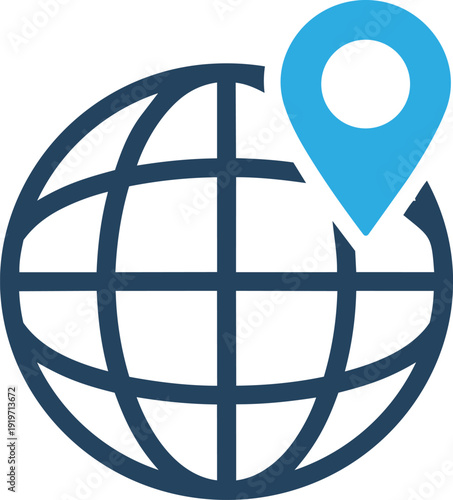 Global Location Pin on World Globe Icon, International Navigation, Worldwide Map and Travel Symbol