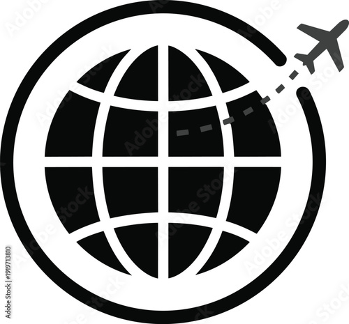 Airplane Flying Around Globe Icon, Global Air Travel, International Flights and Worldwide Tourism