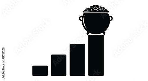 A pot of gold sits atop a rising bar graph, symbolizing financial growth.