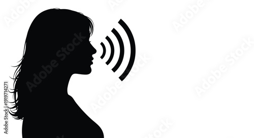 Silhouette of a woman speaking with sound waves emanating from her mouth.