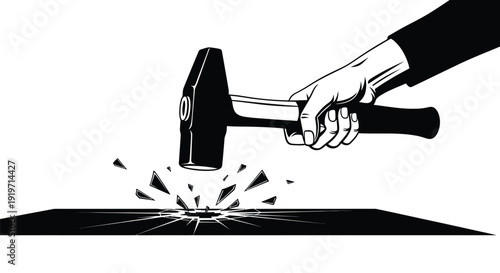 A hand holds a hammer and strikes a surface causing it to shatter.