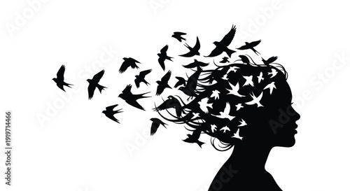 Silhouette of a woman's head with birds flying out of her hair, symbolizing freedom.