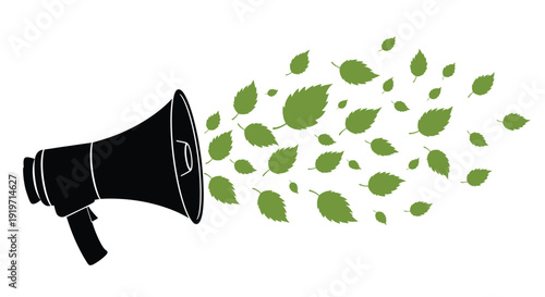 A black megaphone emits green leaves, symbolizing environmental communication.