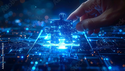 A hand holding and placing the final glowing blue digital jigsaw puzzle piece into a larger completed puzzle made of circuit patterns and data blocks