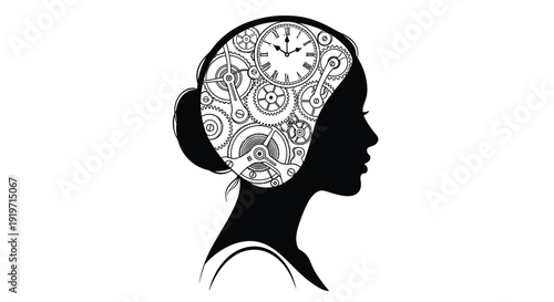 Silhouette of a woman's head with clockwork gears inside her brain