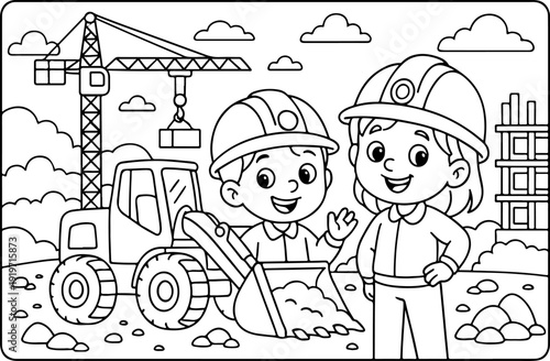 hand drawn vector doodle illustration of detailed construction site coloring page for kids line art