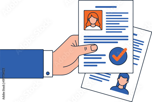 A hand holding a resume with a checkmark on it and another resume underneath with a profile picture