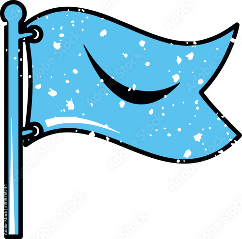 A cartoonish blue flag with a smiling face waving on a pole against a white background