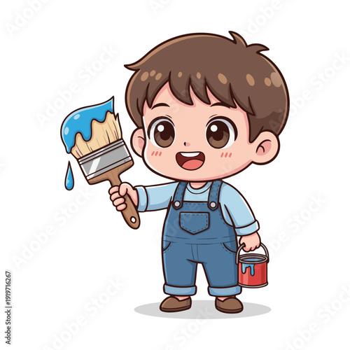 Cute Outline Cartoon Boy Painter Holding Brush and Paint Bucket Illustration