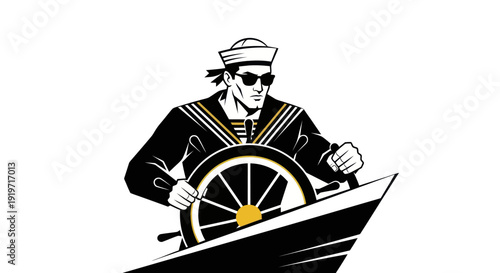 Sailor in uniform steers a ship wheel on a boat illustration isolated