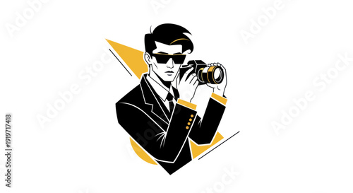Stylish man holding camera against geometric yellow elements