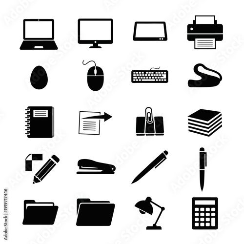 Office supplies and computer peripherals icons set.