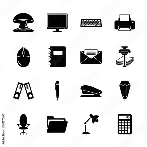 Collection of black office supply icons on white background.