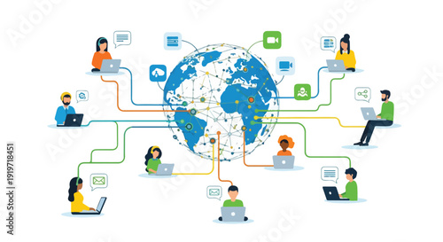 Global network of people connected via laptops and internet, symbolizing communication and digital collaboration.
