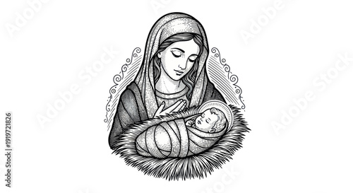 Madonna and Child Illustration: Virgin Mary Holding Baby Jesus in Manger