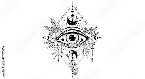 Mystical Eye Boho Tattoo Design with Moon, Stars, Feathers and Flowers