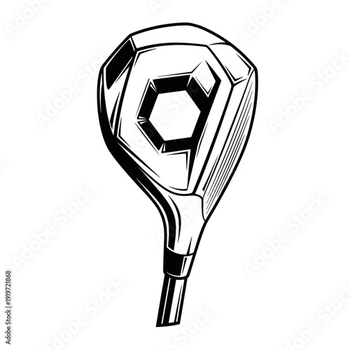 Stylized golf club head illustration, black and white, isolated on white background.
