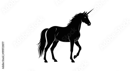 Silhouette of a majestic unicorn, mythical creature with a single horn, isolated on white.