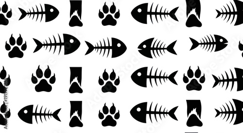 Seamless Pattern of Fish Skeletons and Paw Prints in Black and White