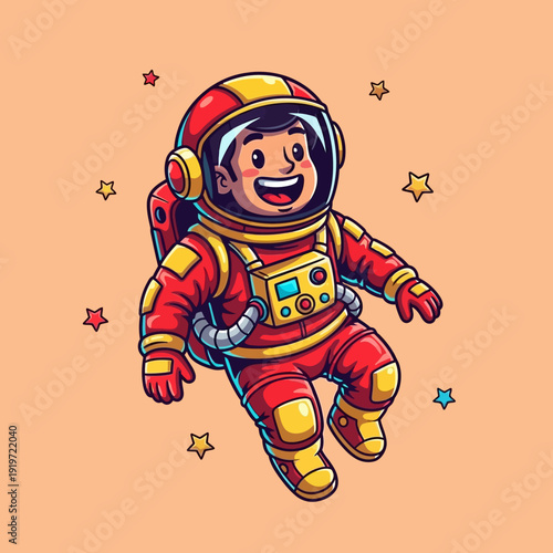 Happy Cartoon Astronaut Kid Floating in Space Surrounded by Stars
