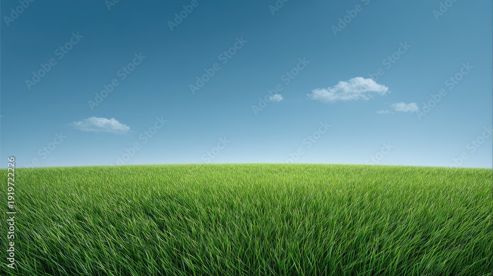 Fototapeta premium Lush Green Grass Field Under Clear Blue Sky with Few Fluffy Clouds in Sunny Daylight Perfect for Nature and Landscape Photography