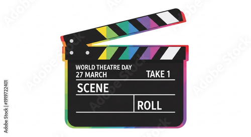 Film clapper board on world theatre day colorful rainbow edge movie production scene take
