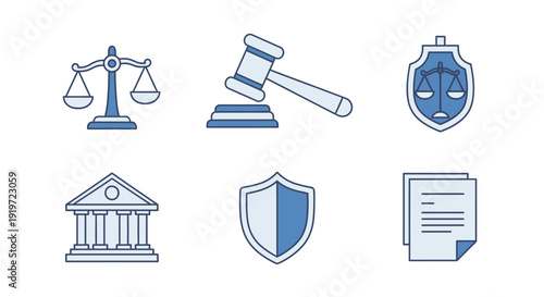 A collection of six blue and grey line art icons representing law, justice, and legal concepts, including scales, a gavel, a courthouse, and documents.