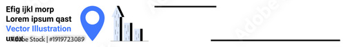 Data analysis, business trends, marketing, location services, growth , strategy planning. Bar graph and geolocation pin with text. Business trends and location services concept