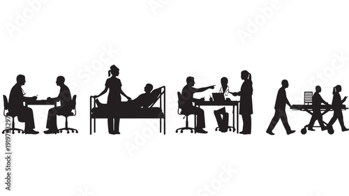 Business People Silhouettes in Various Office Activities in Black and White with Dramatic Lighting for Corporate Illustration