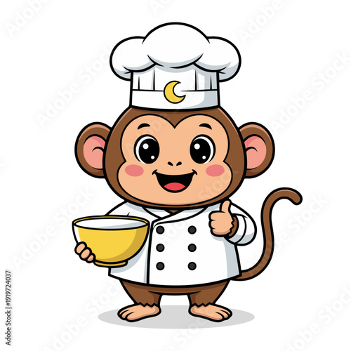 Cartoon Adorable Monkey Chef Mascot Holding Bowl and Giving Thumbs Up Illustration