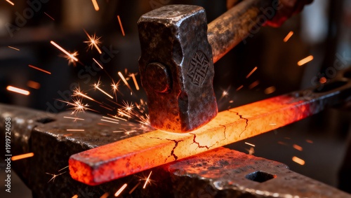 Wallpaper Mural 発光する金属を打つハンマーのクローズアップ写真 Torontodigital.ca