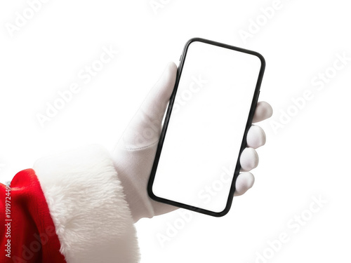 Santa claus holding a smartphone with a blank screen isolated on transparent background