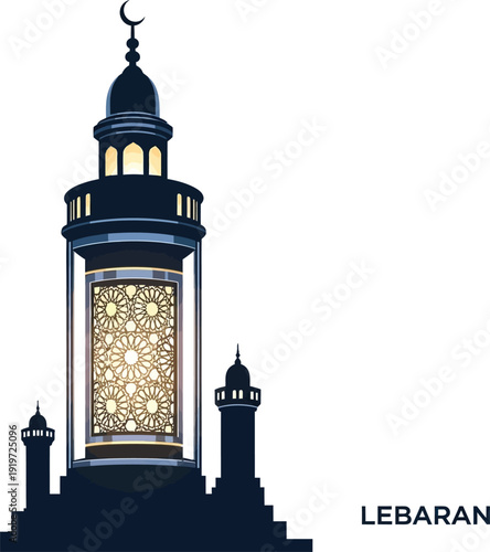 Illustration of a mosque with a lantern and minarets celebrating Lebaran