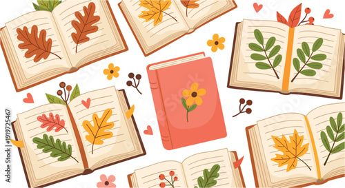 Cozy autumn book collection with open pages featuring dried fallen leaves berries and hearts on white background vector.