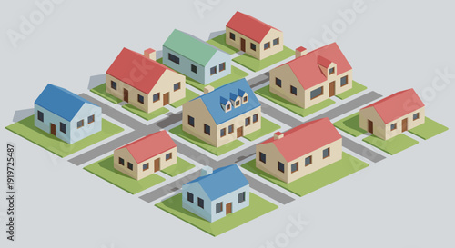 Colorful 3D Rendered Houses in Neighborhood.