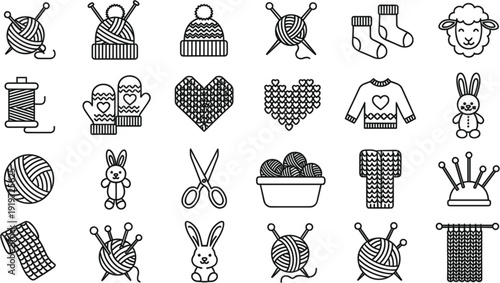 Set of black and white knitting and crochet line art icons featuring yarn balls needles sheep mittens and sweaters.