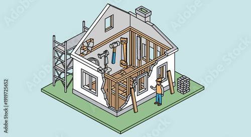 House Under Construction with Workers.