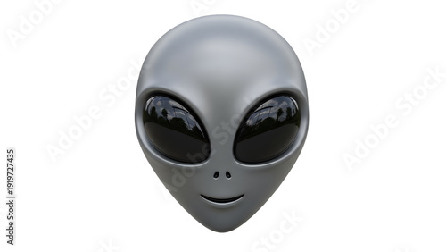 Smiling gray alien head with large black eyes on transparent background